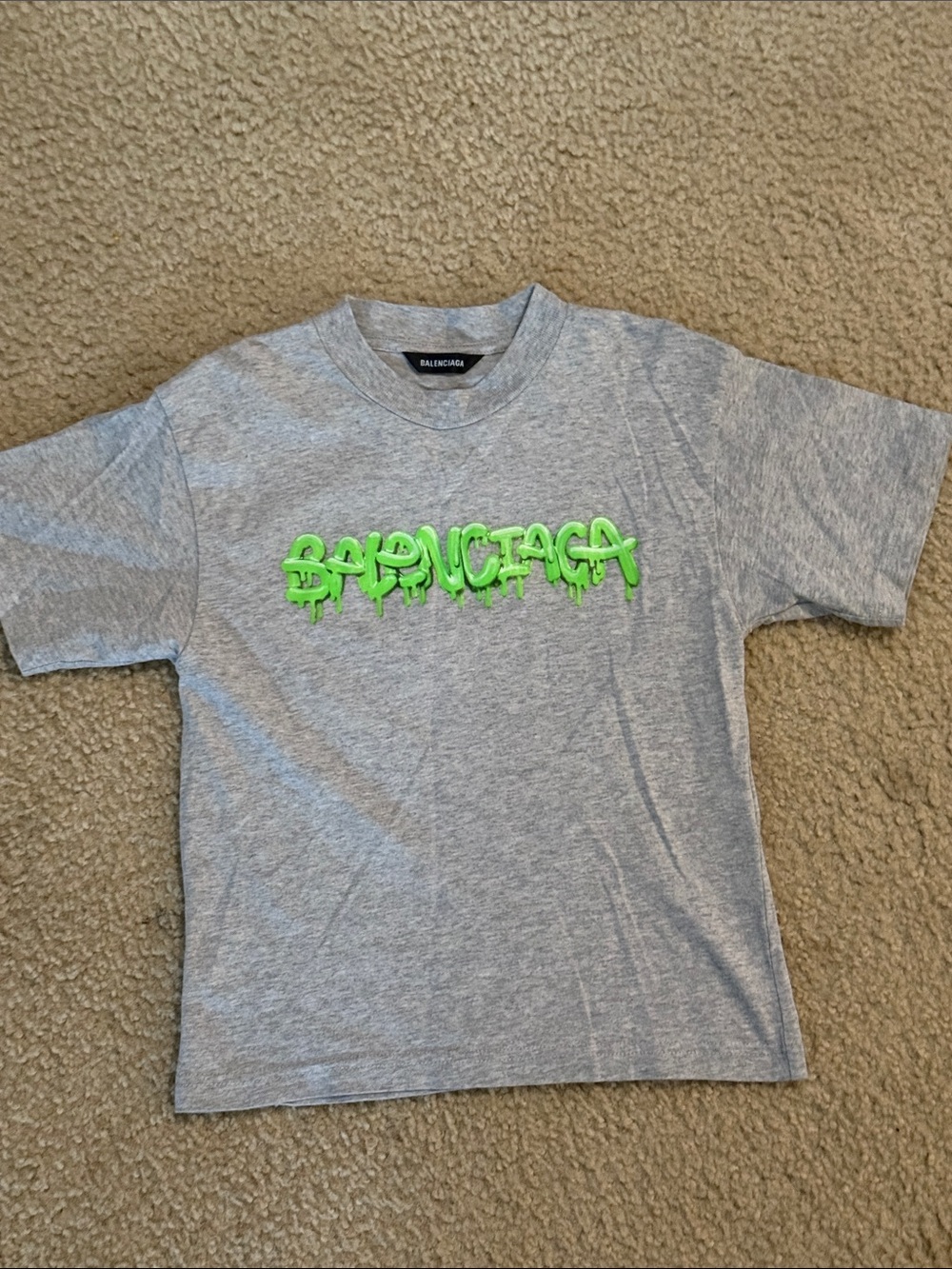 Balenciaga Kids Grey Tee with Neon Green Drip Logo